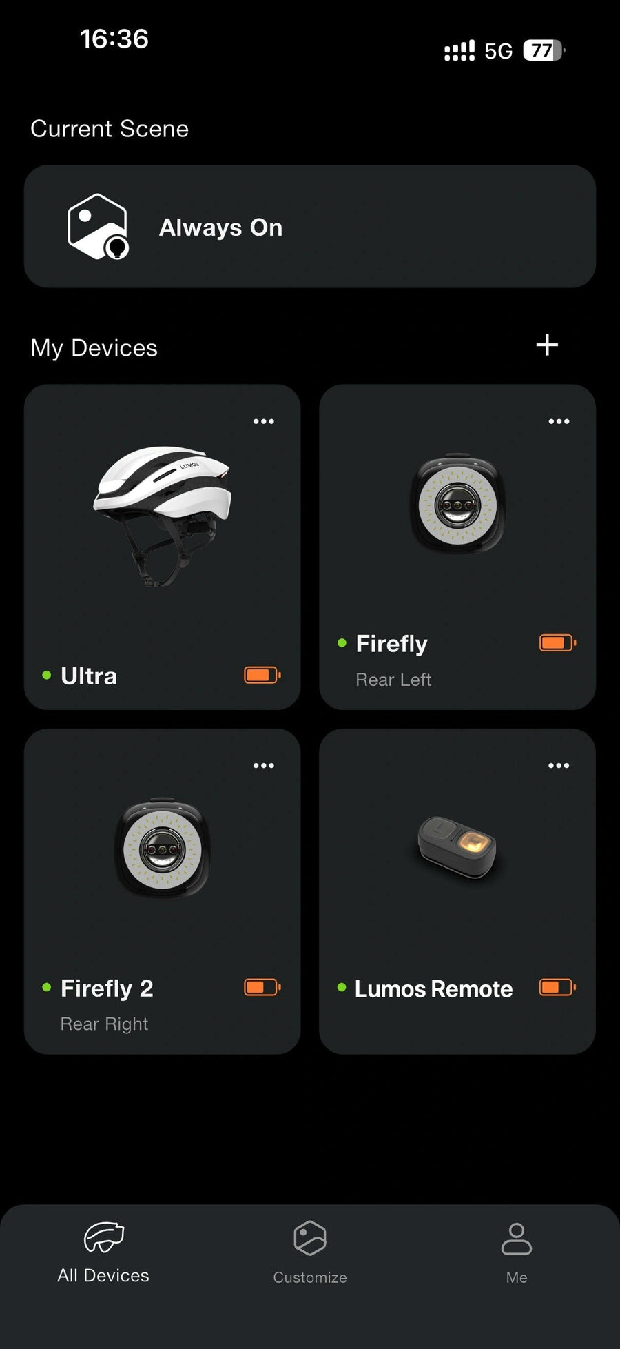 Lumos app Always-on scene with helmet, Firefly lights and Lumos Remote