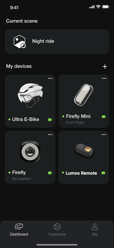 Lumos app dashboard with paired helmet, lights and Lumos Remote