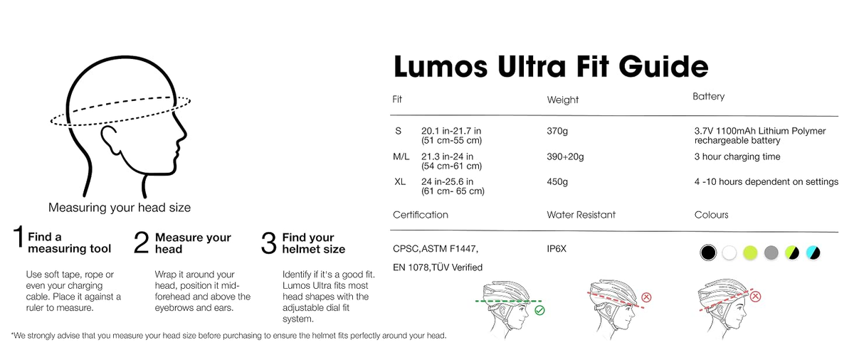 Lumos Ultra fit guide and head measurement instructions